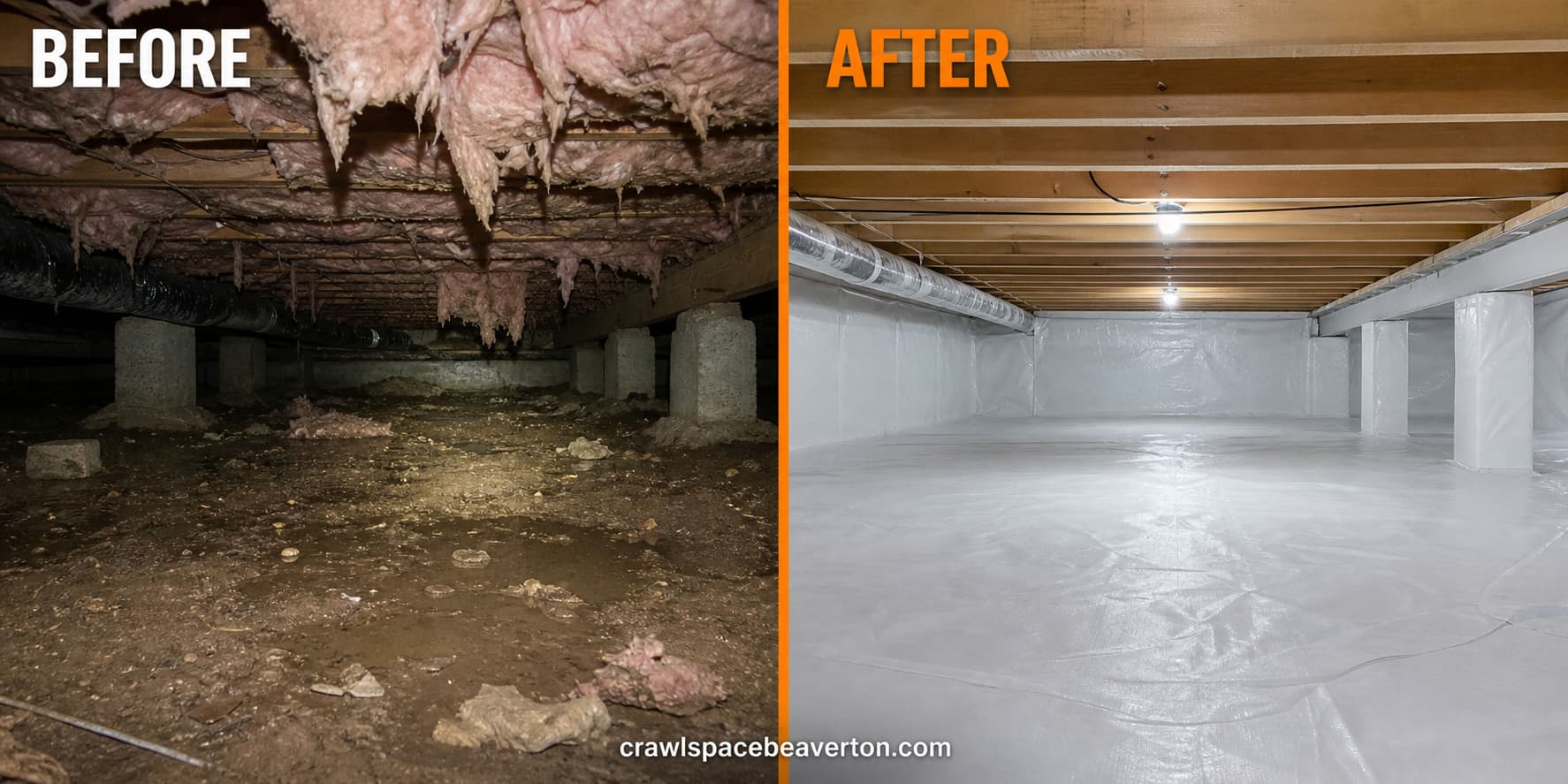 Crawl space before and after encapsulation in Beaverton, Oregon
